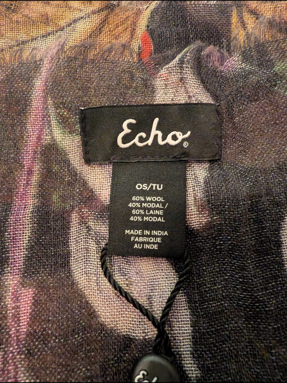 Echo Wool Blend Floral Black Lightweight Scarf with Fringe OS - Picture 3 of 10